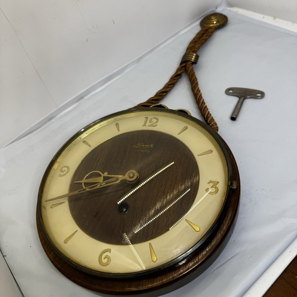 Vtg Wall clock Hermle rope wind up clock Curved Glass West Germany Parts/Repair